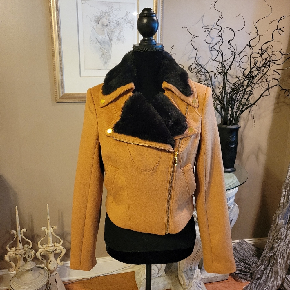 Bebe Wool Blend Jacket with Faux fur trim Designer Winter Warm